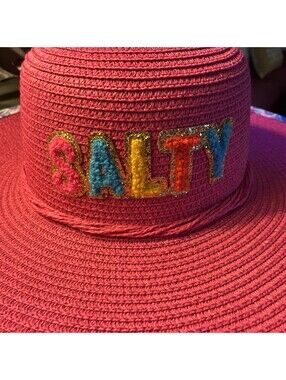 Simply Southern SALTY Sun Hat Hot Pink Straw Beach Wide Brim Chenille Lettering